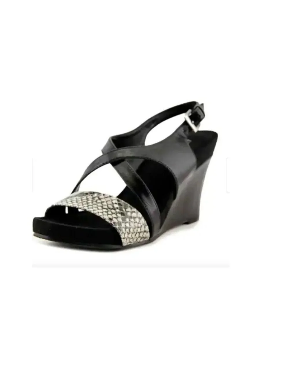 Aerosoles Plushed Together Open Toe Synthetic Black Snake Wedge Shoes Sz.8.5